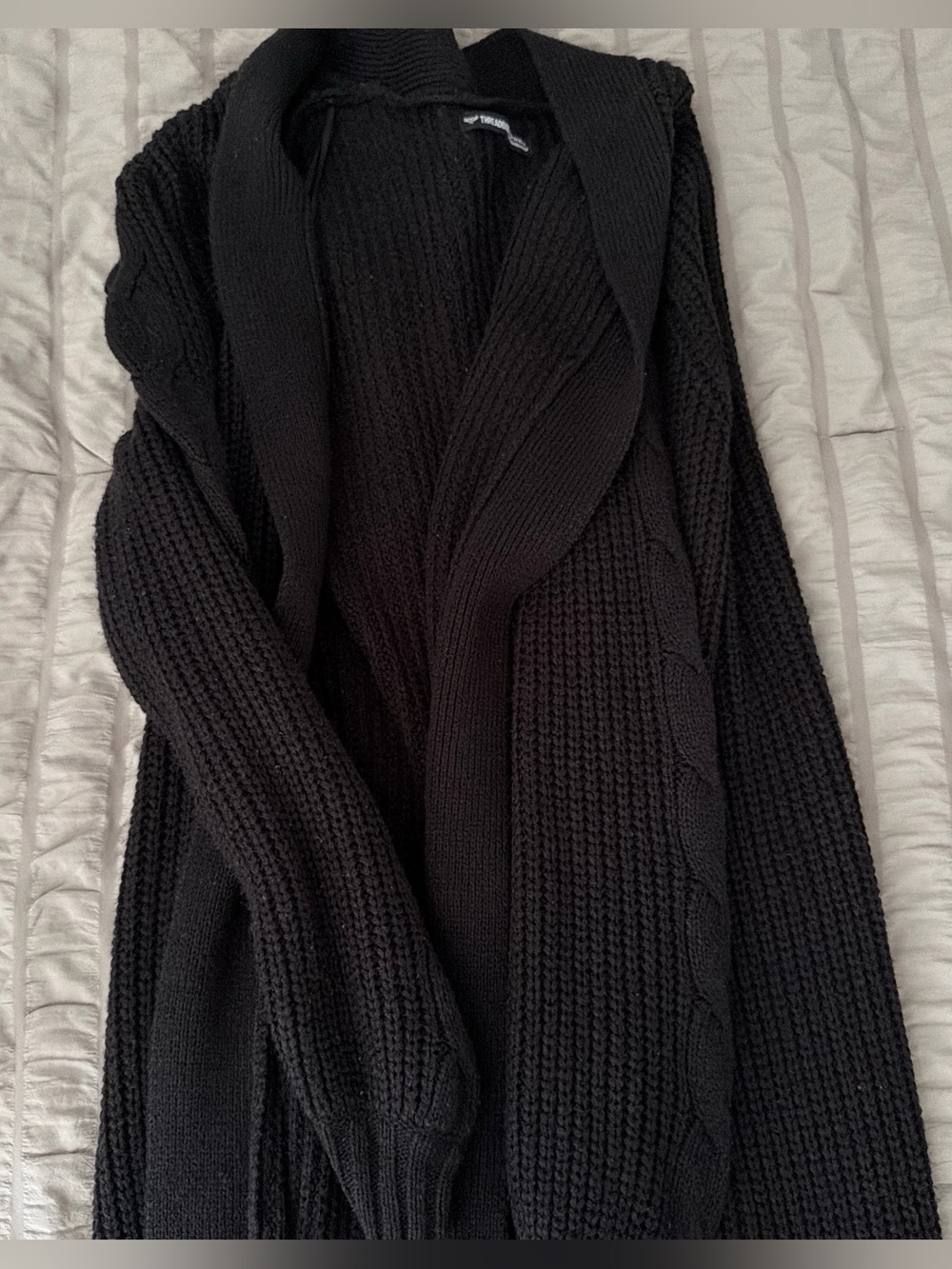 Long Black Cable-Knit Open Cardigan Sweater - Women
